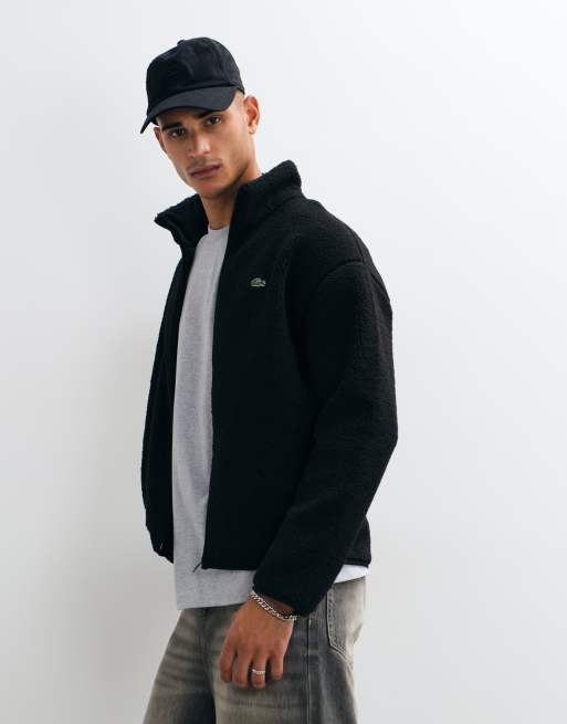 Lacoste high neck zip through fleece sweatshirt in black, 5 of 5
