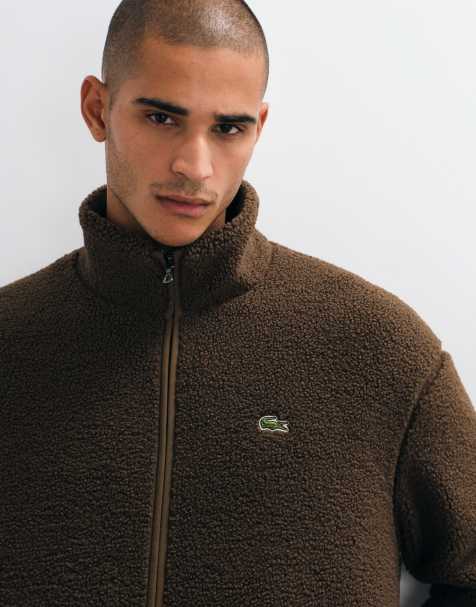 Lacoste high neck zip through fleece sweatshirt in tan - view 1