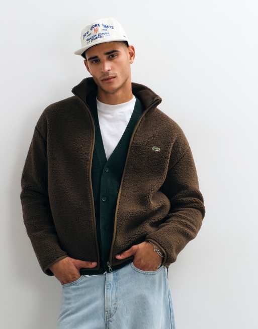 Lacoste high neck zip through fleece sweatshirt in tan, 3 of 5