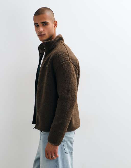 Lacoste high neck zip through fleece sweatshirt in tan, 5 of 5