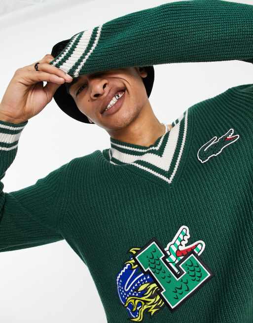Lacoste - Holiday - Afslappet stribet trøje med V-hals i grøn, 4 af 4