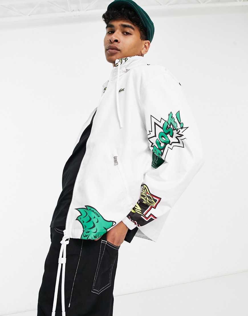 Lacoste Holiday funnel neck all over print windbreaker in white