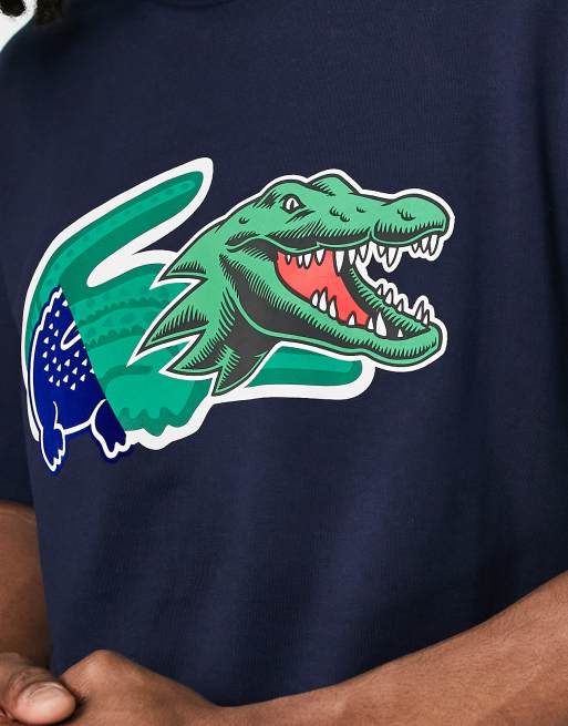 Lacoste Holiday – Granatowy T-shirt z dużym nadrukiem krokodyla, 4 z 4