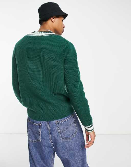 Lacoste - Holiday - Ruimvallende gestreepte trui met v-hals in groen, 2 van 4
