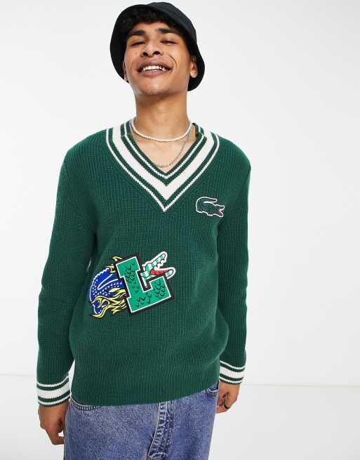 Lacoste Holiday v neck relaxed fit stripe jumper in green ASOS