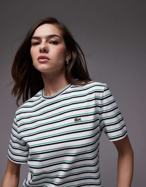 Lacoste - Hvid oversized T-shirt med horisontale striber i grøn og sort