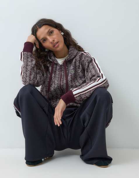 Lacoste jaquard co-ord monogram zip through hoodie in burgundy - view 1