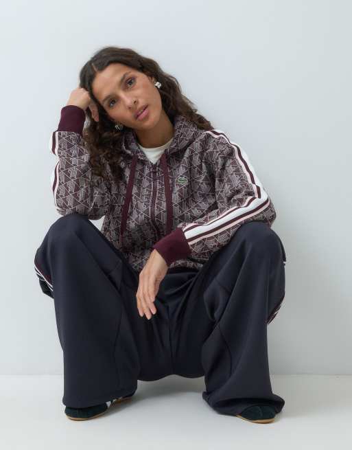 Lacoste jaquard co-ord monogram zip through hoodie in burgundy, 2 of 5