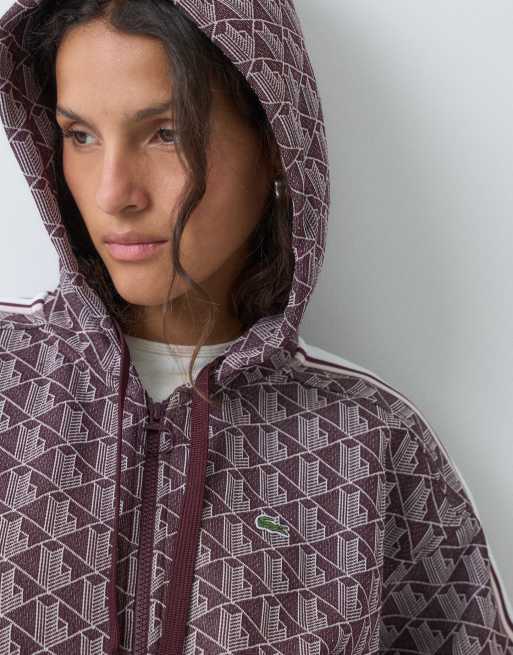 Lacoste jaquard co-ord monogram zip through hoodie in burgundy, 3 of 5