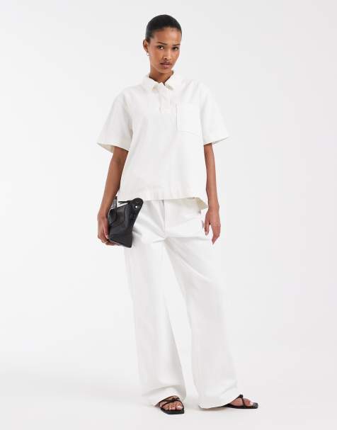 Lacoste - Jean d'ensemble droit à taille haute froncée - Écru - view 1