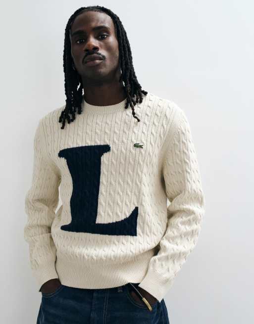 Lacoste jersey de punto de ochos con emblema de letras en crema, 2 de 5