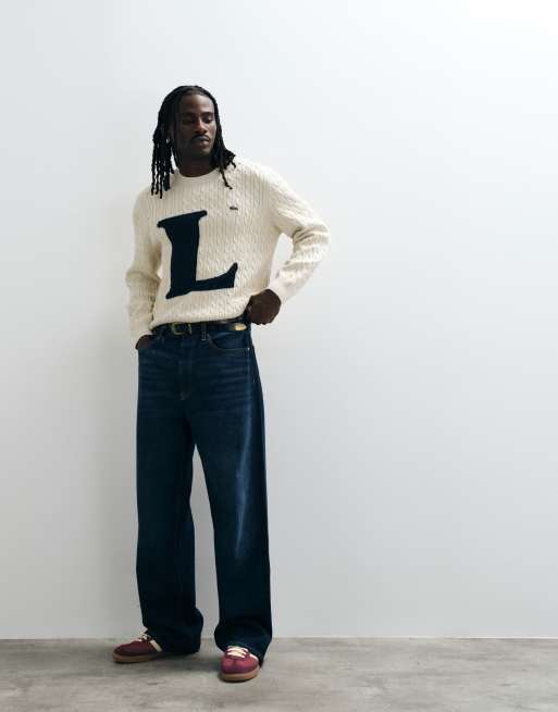 Lacoste jersey de punto de ochos con emblema de letras en crema, 3 de 5