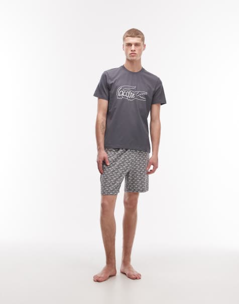 Lacoste – Jersey-Pyjama in Grau mit Krokodil-Printmuster - view 1