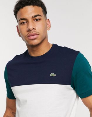 Lacoste - Katoenen T-shirt met logo en kleurvlakken in wit/marineblauw