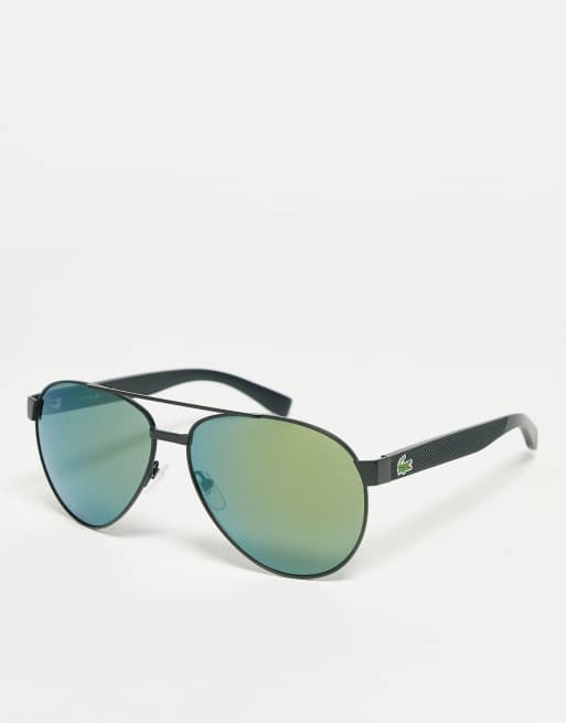 Lacoste – Klasyczne okulary przeciwsłoneczne typu aviator z zielonymi soczewkami