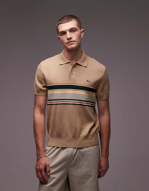 Lacoste knit striped polo shirt in beige 