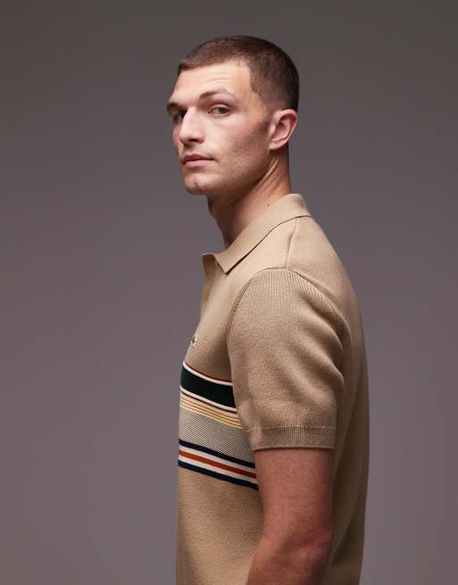Lacoste knitted stripe polo shirt in beige , 4 of 5