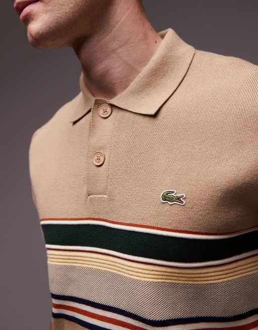 Lacoste knitted stripe polo shirt in beige , 5 of 5