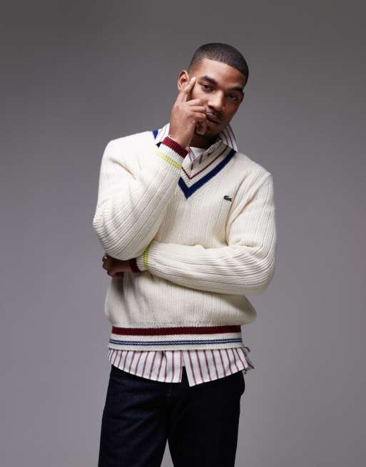 Lacoste knitted v neck jumper in off white