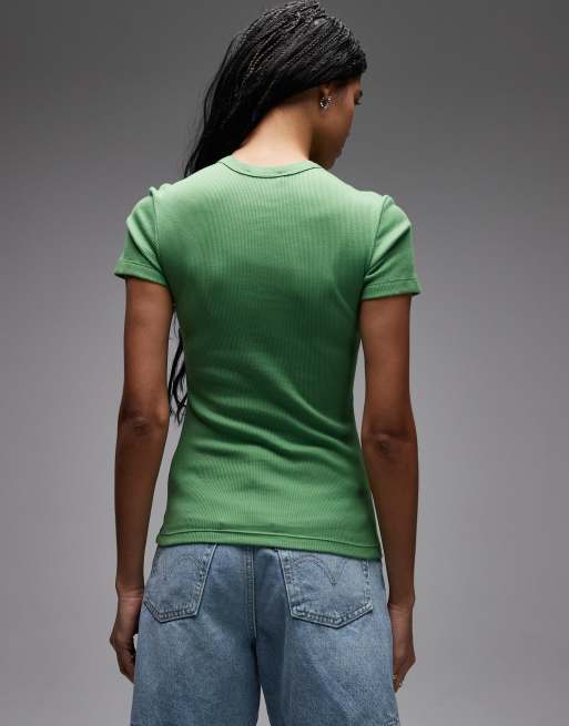 Lacoste – Krótki prążkowany T-shirt w zielonym kolorze, 4 z 4