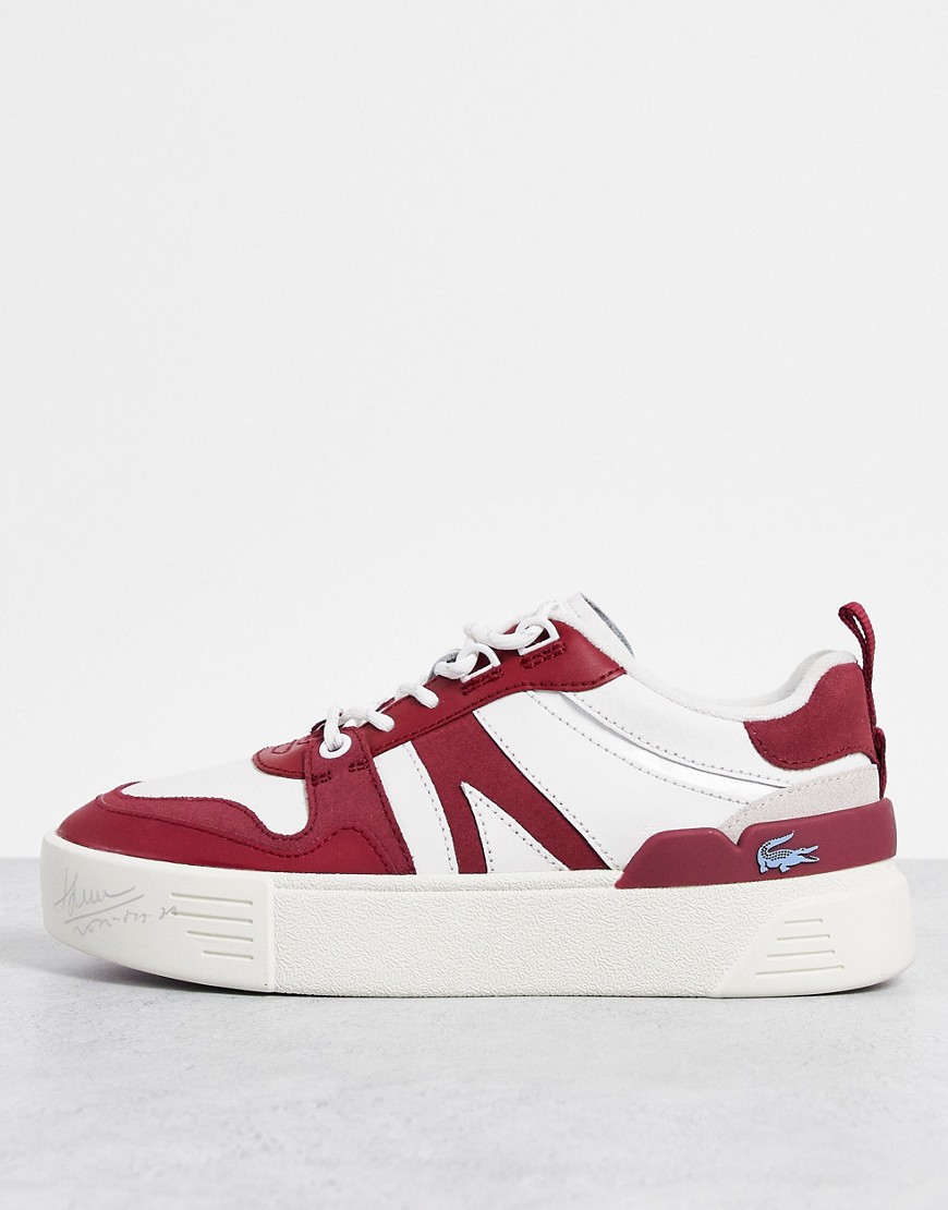 Lacoste L002 flatform lace-up sneakers in burgundy suede mix-Red