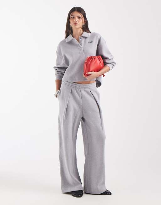 Lacoste label accent ribbed polo co-ord sweatshirt in grey, 2 of 4