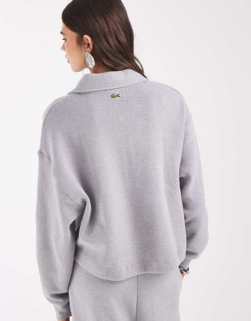 Lacoste label accent ribbed polo co-ord sweatshirt in grey, 3 of 4
