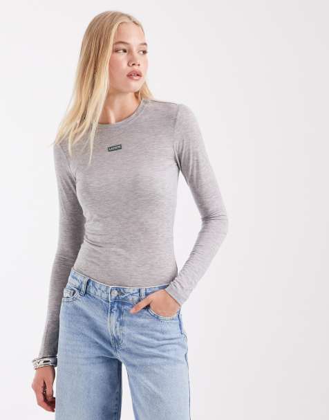 Lacoste label-detail long sleeve jersey top in grey - view 1
