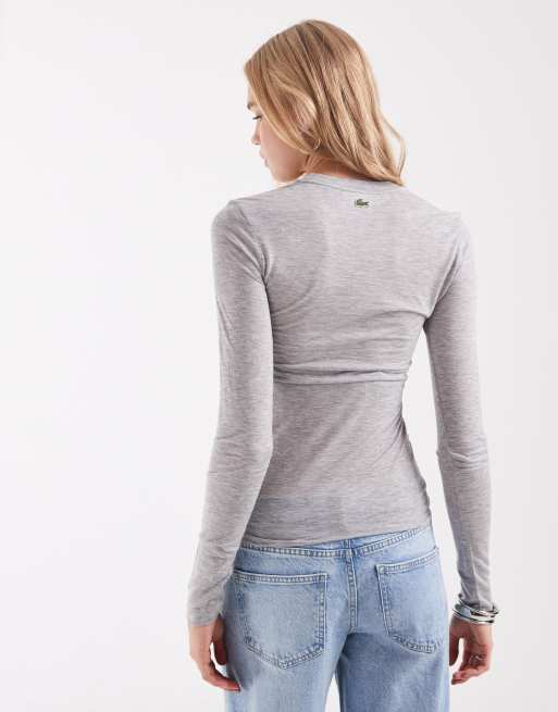 Lacoste label detail long sleeve jersey top in grey, 4 of 4