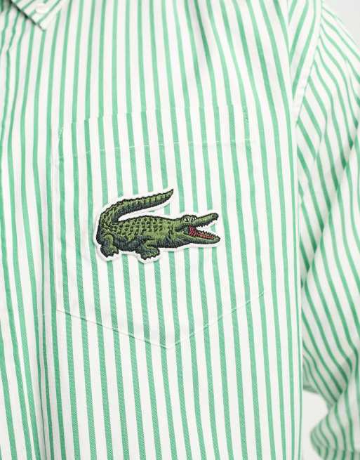 Lacoste – Langärmliges Hemd in Grün gestreift mit großem Logo und lockerer Passform, 3 von 4