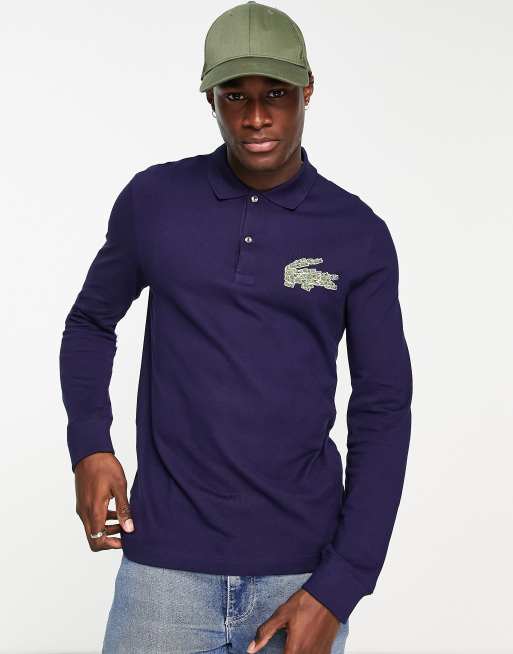 Lacoste – Langärmliges Polohemd in Marineblau mit großem Logo