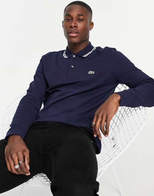 Lacoste – Langärmliges Polohemd in Marineblau mit Kontraststreifen