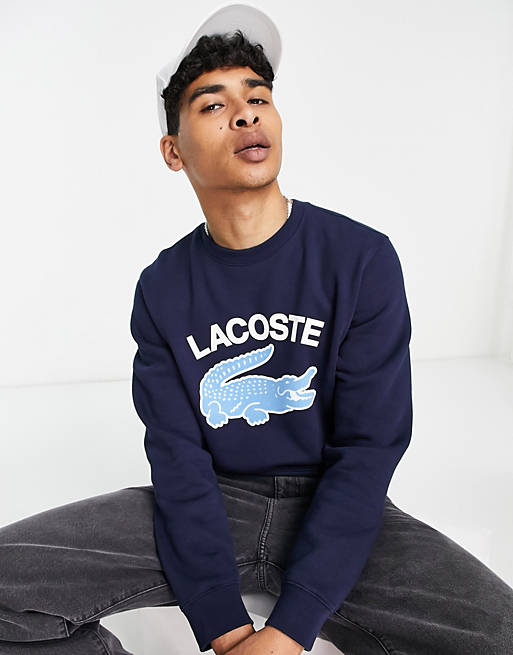 Lacoste large logo crew neck sweatshirt in navy | ASOS