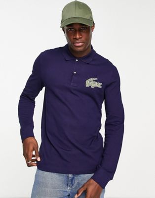 Lacoste large logo long sleeve polo shirt in navy
