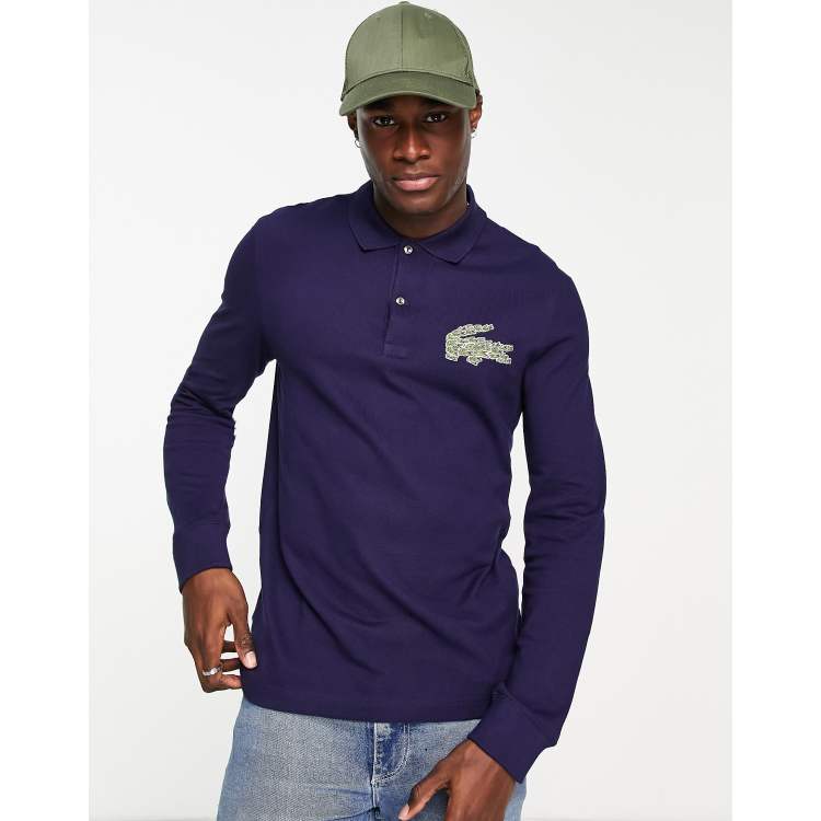 Lacoste large logo long sleeve polo shirt in navy