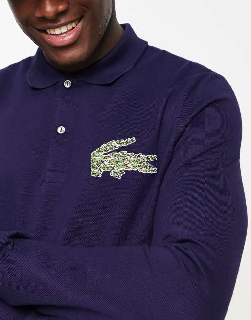 Lacoste large logo long sleeve polo shirt in navy