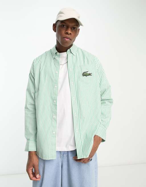 Lacoste large relaxed fit long sleeve shirt in green stripe | ASOS