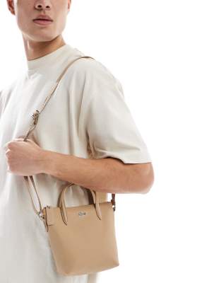 Lacoste Lacoste leather cross body bag with top handle in beige-Neutral
