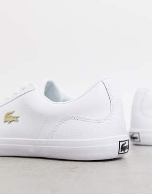 lacoste white shoes gold logo