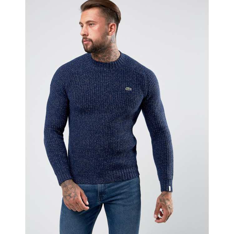 Lacoste Live Crew Neck Fleck Ribbed Knit Sweater In Navy