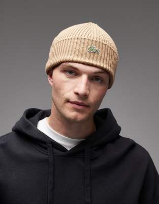 Lacoste Logo Beanie In Brown