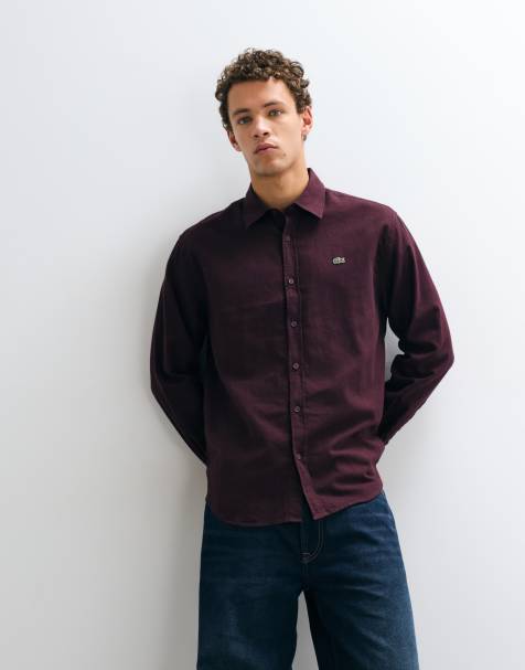 Lacoste logo button down flannel shirt in burgundy - view 1