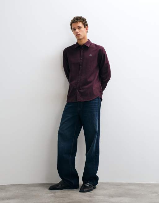Lacoste logo button down flannel shirt in burgundy, 3 of 5