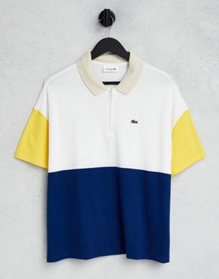 Lacoste logo colourblock polo shirt in navy and yellow