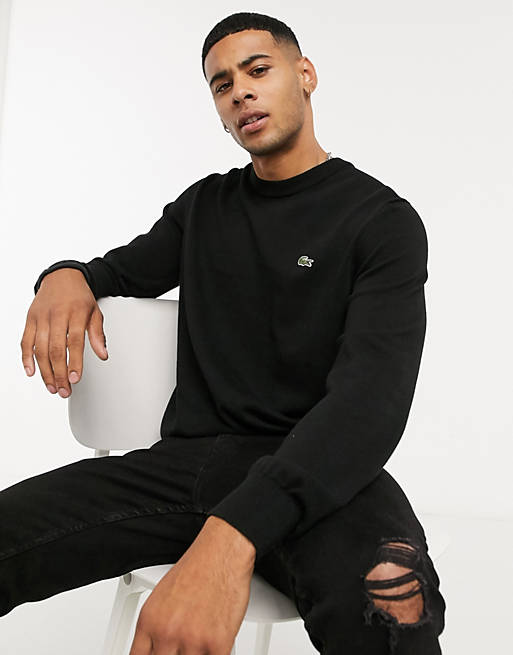 Lacoste logo crew neck knit jumper in black | ASOS