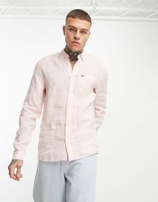 Lacoste logo linen long sleeve shirt in light pink - ASOS Price Checker