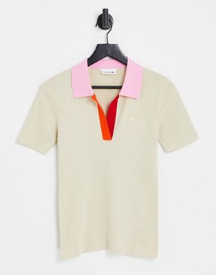 Lacoste logo polo shirt in stone with red and pink trim