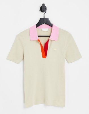 Lacoste Lacoste logo polo shirt in stone with red and pink trim-Neutral