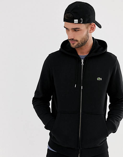 Lacoste logo taped hooded sweat in black | ASOS