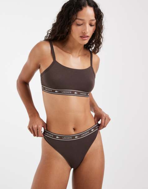 Lacoste logo waistband lingerie thong in brown - view 1